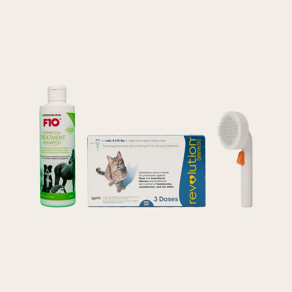 F10 shampoo, Revolution and a grooming brush