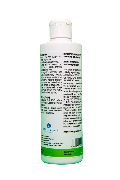 F10 Germicidal Treatment Shampoo 250ml bottle, back label